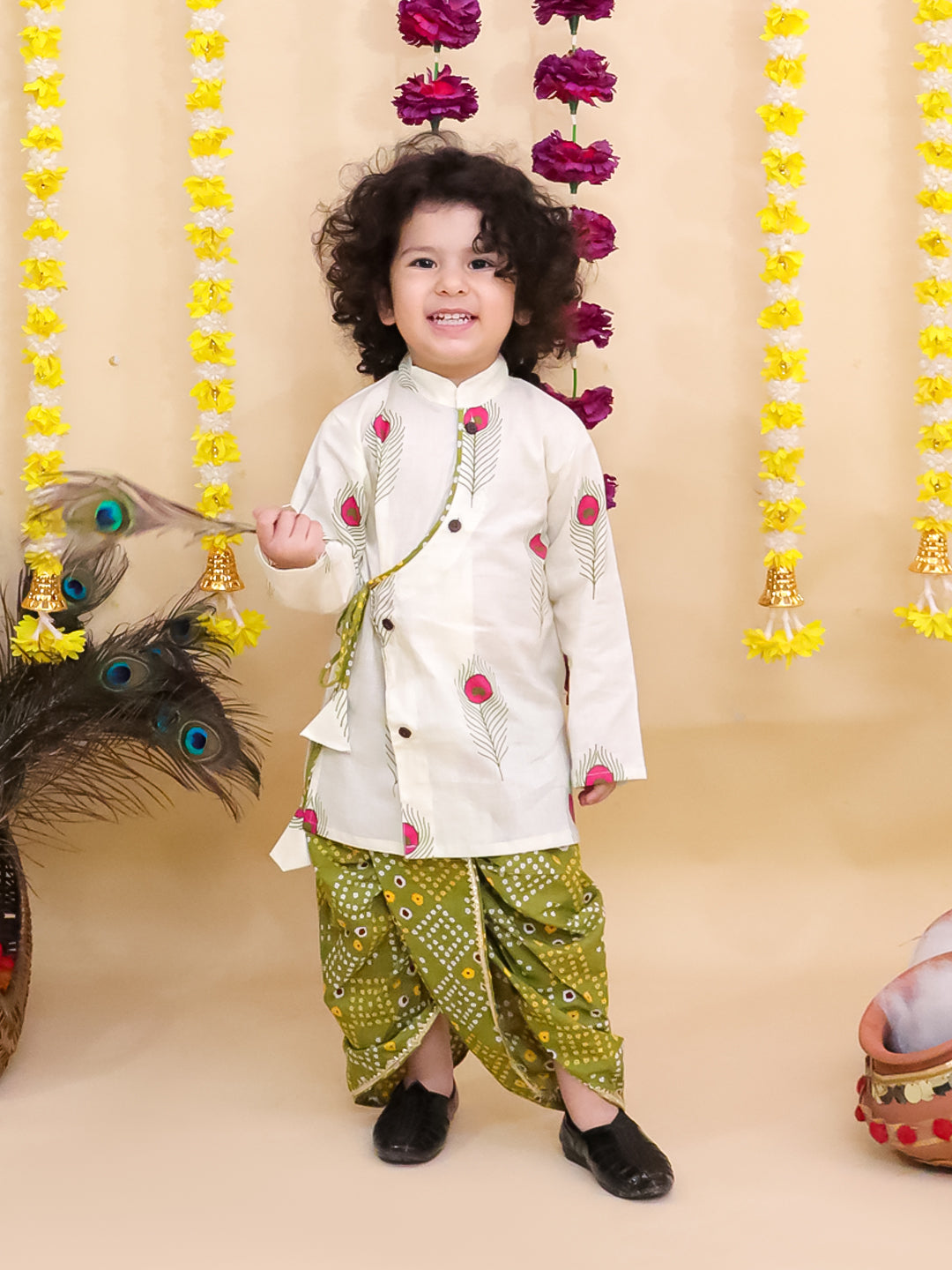 Kid One Kanha Pure Cotton Printed Kurta Dhoti Set For Boys Green