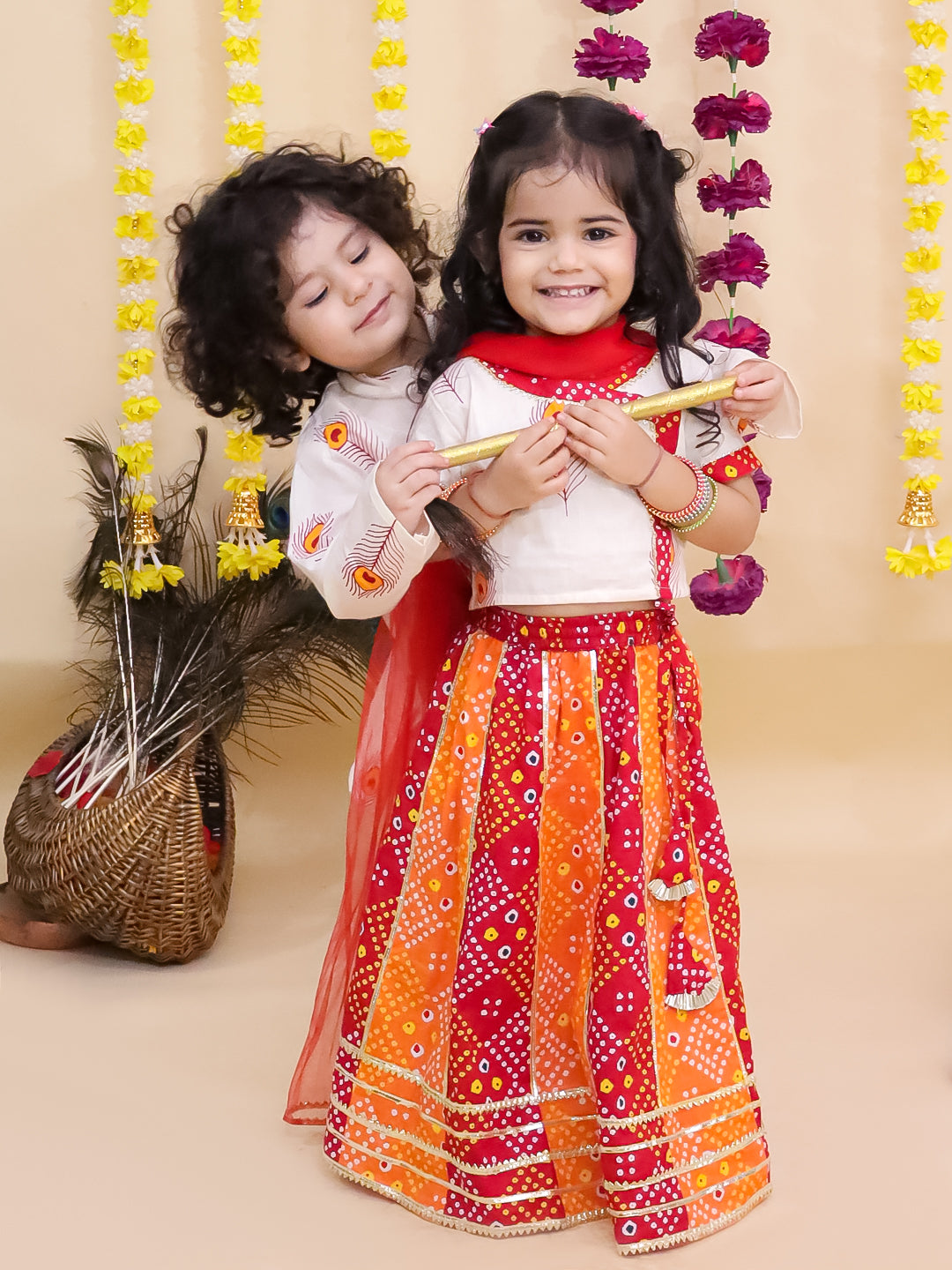 Kid One Radha Pure Cotton Printed Lehenga Choli And Dupatta Set For Girls With Kanha Pure Cotton Printed Kurta Dhoti Set For Boys Orange