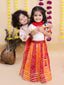 Kid One Radha Pure Cotton Printed Lehenga Choli And Dupatta Set For Girls With Kanha Pure Cotton Printed Kurta Dhoti Set For Boys Orange