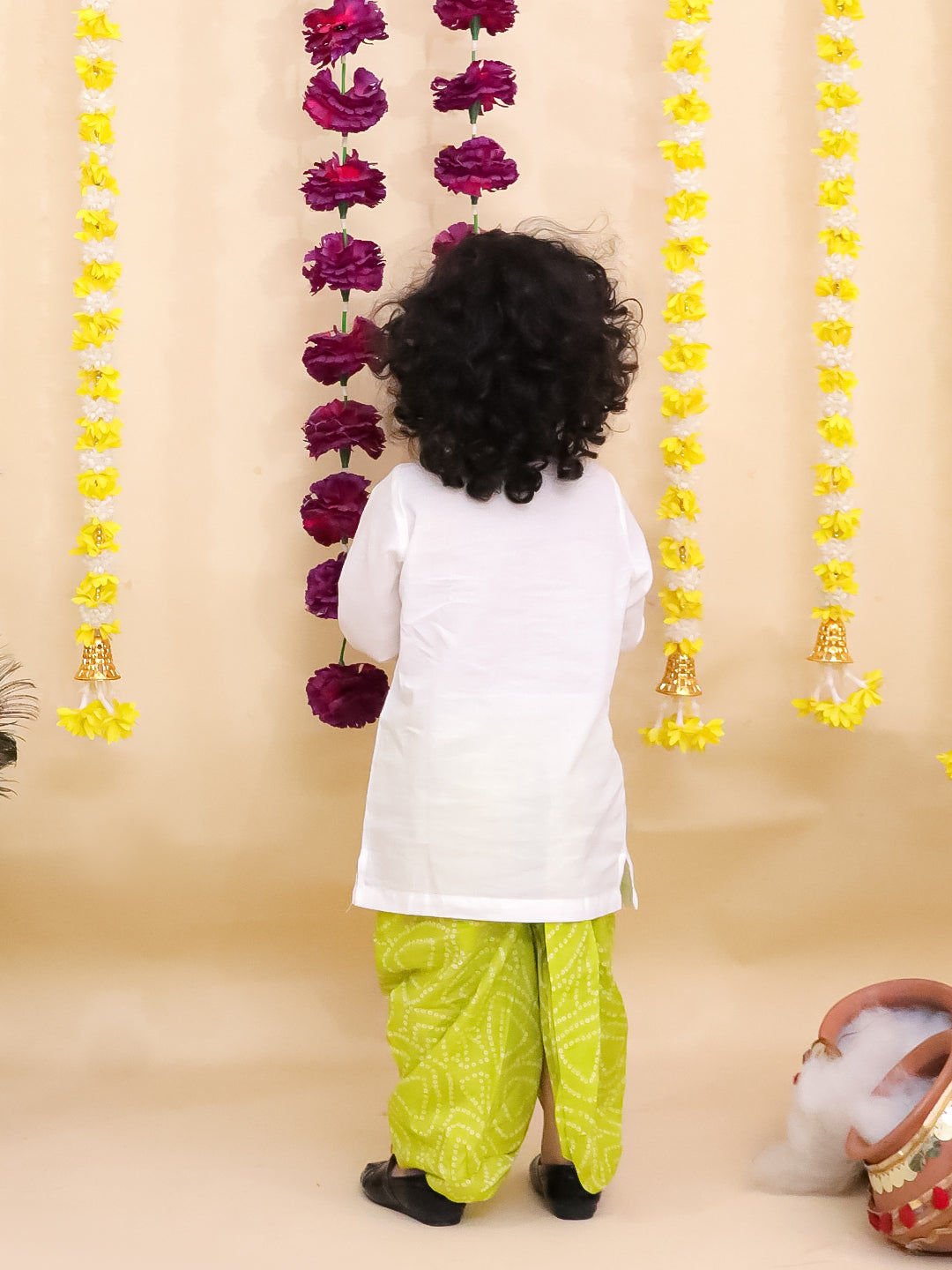 Kid One Nandlala Pure Cotton Embroidered Kurta Dhoti Set For Boys White - Made on Order