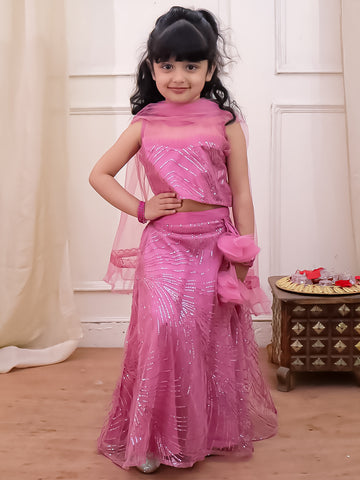 Kid One Starlet Choli with Sequins Net Lehenga and Dupatta Pink