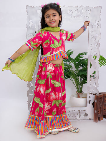 Kid One Floral Cotton Top With Lehenga Dupatta Set For Girls Pink