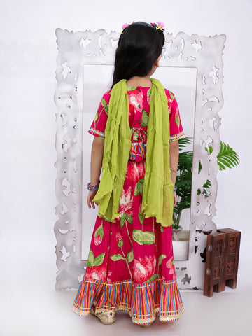 Kid One Floral Cotton Top With Lehenga Dupatta Set For Girls Pink