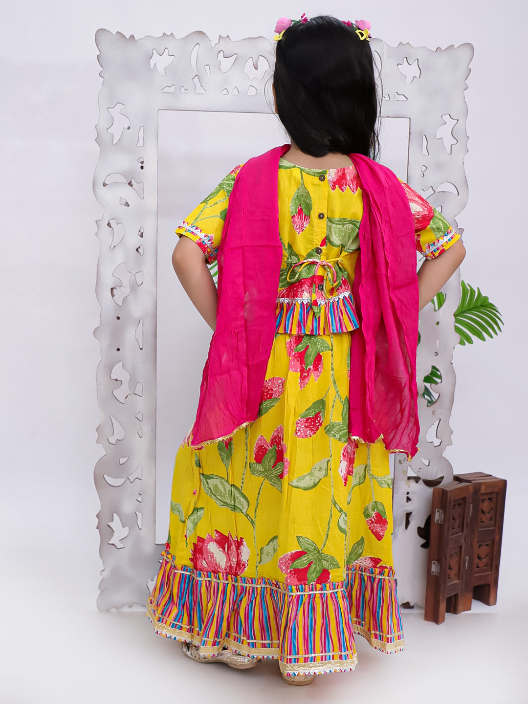 Kid One Floral Cotton Top With Lehenga Dupatta Set For Girls Yellow