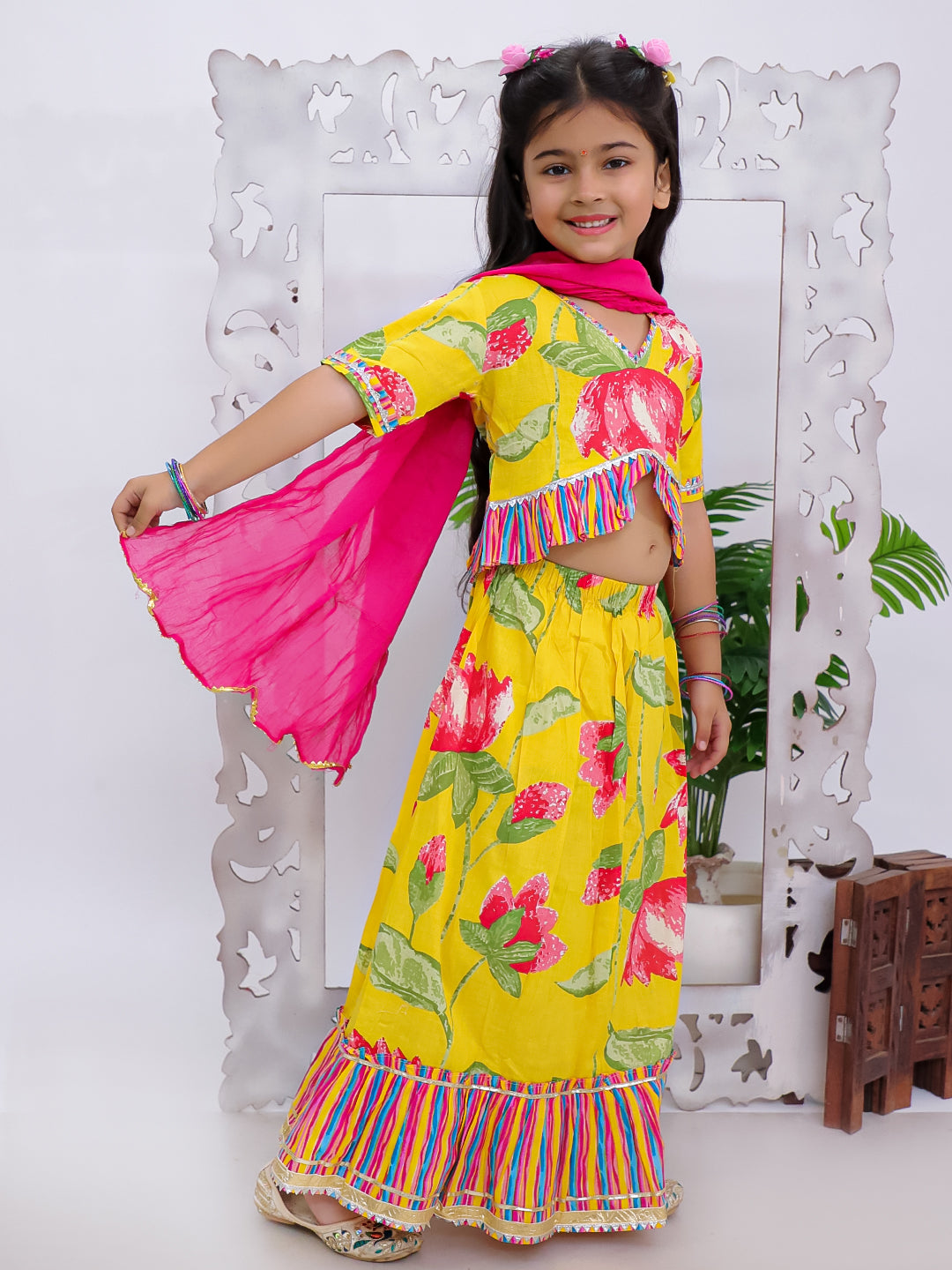 Kid One Floral Cotton Top With Lehenga Dupatta Set For Girls Yellow