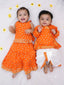 Kid One Pure Cotton Printed Skirt Top For Girls With Pure Cotton Anghrakha Kurta Dhoti Set For Boys - Orange
