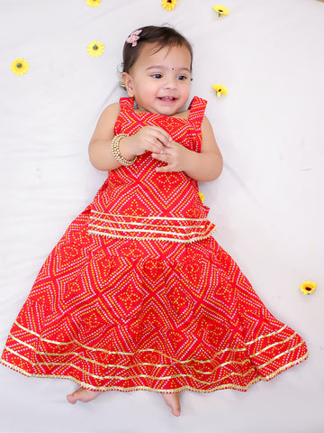 Kid One Pure Cotton Printed Skirt Top For Girls Red