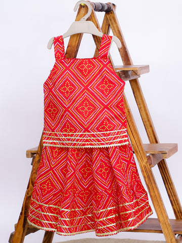 Kid One Pure Cotton Printed Skirt Top For Girls Red