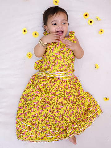 Kid One Pure Cotton Printed Skirt Top For Girls Yellow