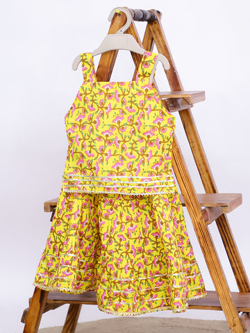 Kid One Pure Cotton Printed Skirt Top For Girls With Pure Cotton Anghrakha Kurta Dhoti Set For Boys - Yellow
