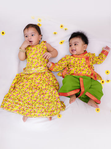 Kid One Pure Cotton Printed Skirt Top For Girls With Pure Cotton Anghrakha Kurta Dhoti Set For Boys - Yellow