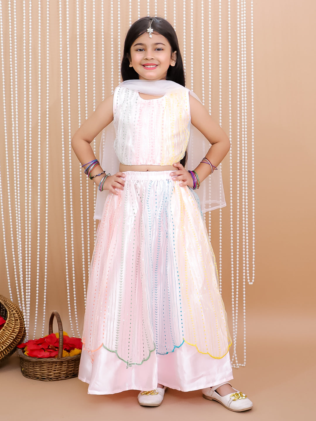 Kid One Sequin Embroidery Net And Silk Lehenga Choli With Dupatta Set For Girls Pink