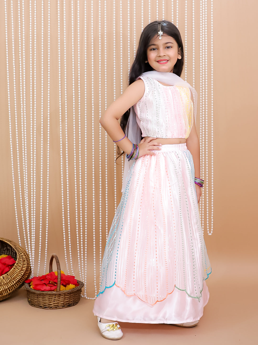 Kid One Sequin Embroidery Net And Silk Lehenga Choli With Dupatta Set For Girls Pink