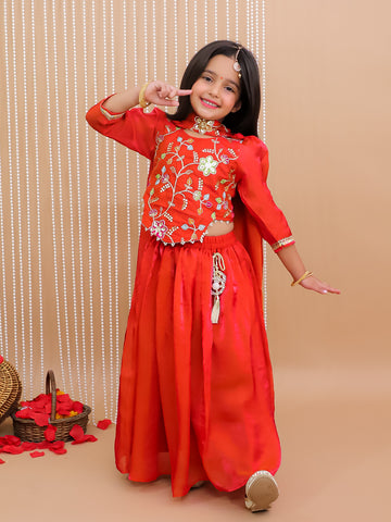 Kid One Silk Zari Embroiderd Ruhani Choli Lehenga Set With Stole Dupatta Set For Girls Orange