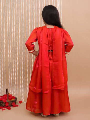 Kid One Silk Zari Embroiderd Ruhani Choli Lehenga Set With Stole Dupatta Set For Girls Orange