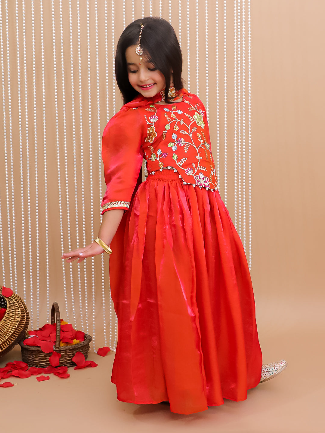 Kid One Silk Zari Embroiderd Ruhani Choli Lehenga Set With Stole Dupatta Set For Girls Orange