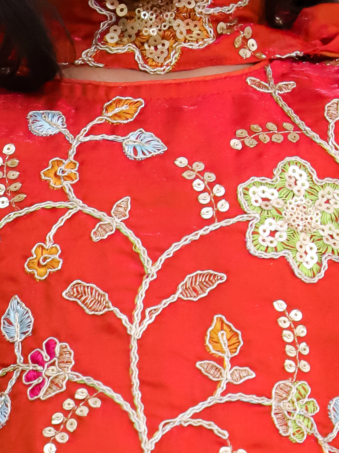 Kid One Silk Zari Embroiderd Ruhani Choli Lehenga Set With Stole Dupatta Set For Girls Orange