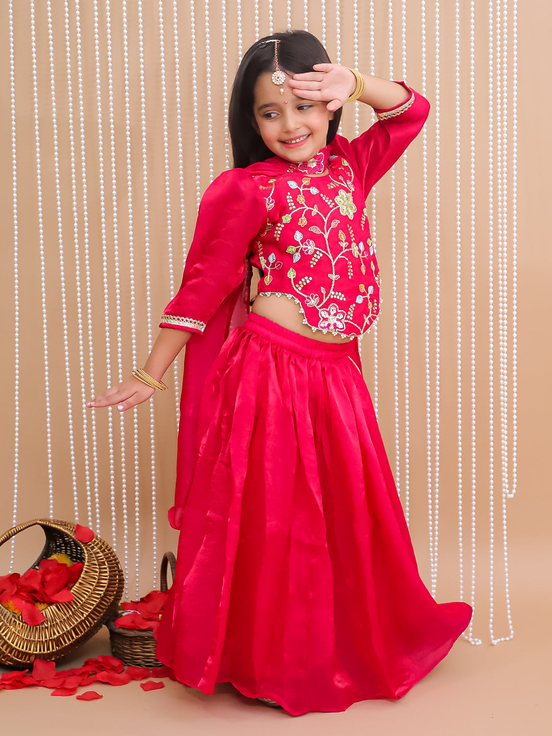 Kid One Silk Zari Embroiderd Ruhani Choli Lehenga Set With Stole Dupatta Set For Girls Pink