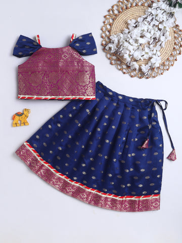 Kid One Jacquard Pattu Pavadai Skirt Top Set For Girls Navy