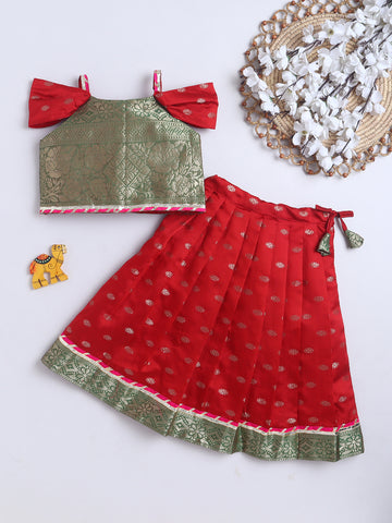 Kid One Jacquard Pattu Pavadai Skirt Top Set For Girls Red