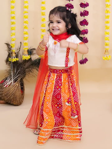 Kid One Radha Pure Cotton Printed Lehenga Choli With Dupatta Orange