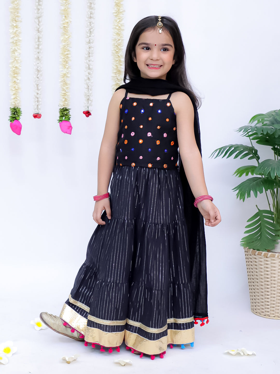 Kid One Rangeela Embroidered Cotton Lehenga Choli For Girls Black