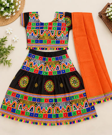 Kid One Garba Mirror Work Embroidered Cotton Lehenga Choli With Dupatta Set For Girls Black