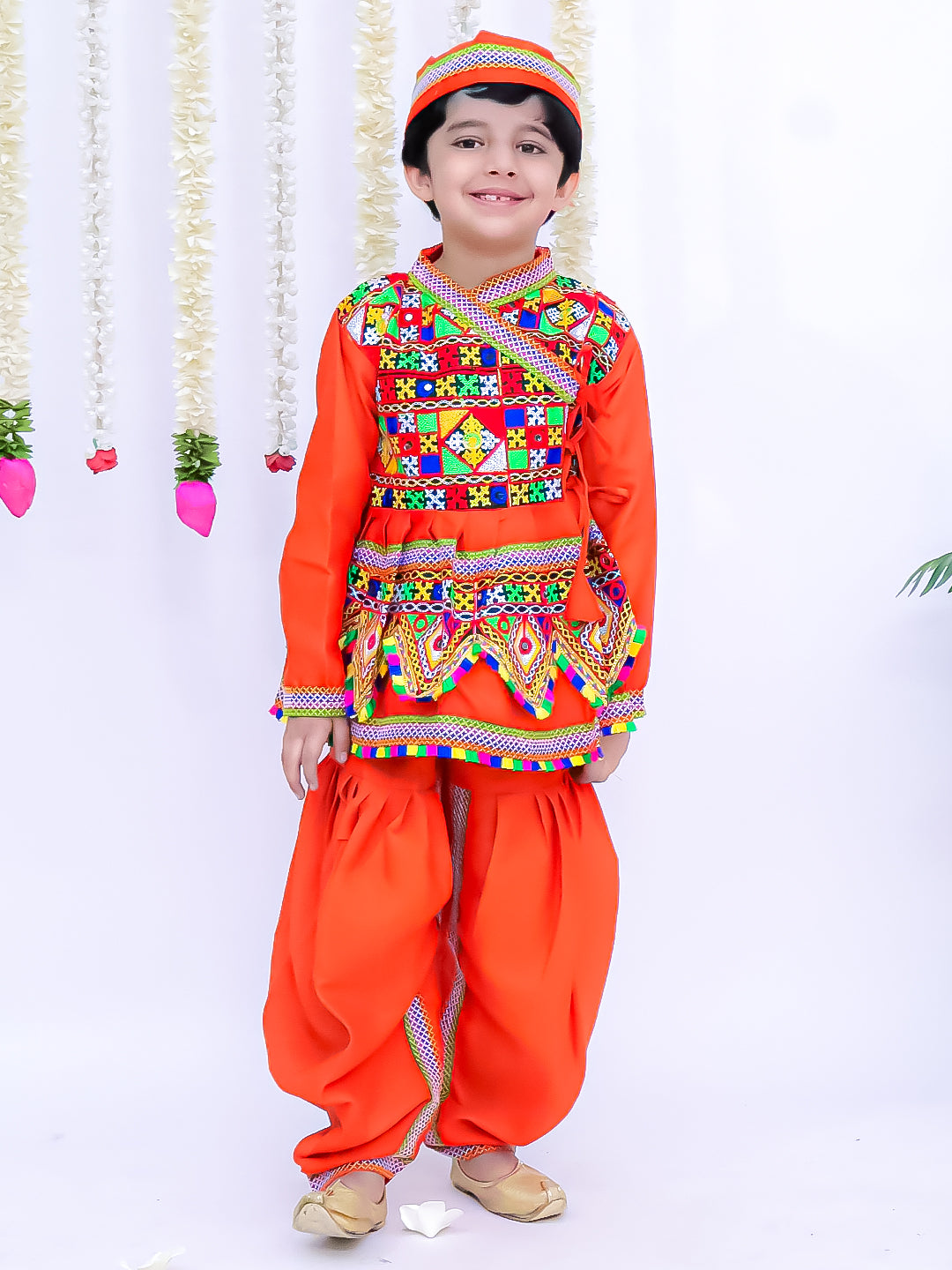 Kid One Navratri Printed Cotton Kedia Set For Boys Orange