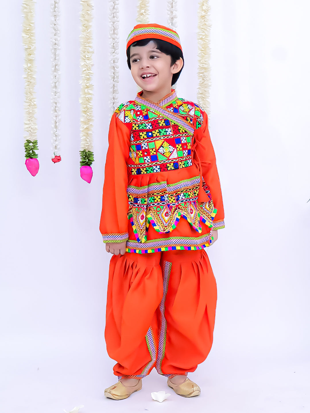 Kid One Navratri Printed Cotton Kedia Set For Boys Orange