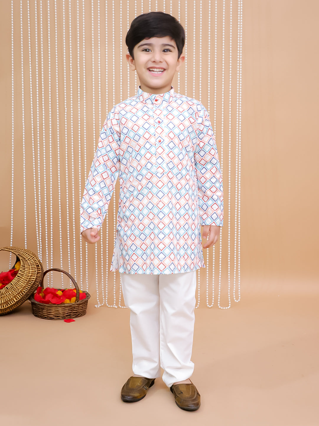Kid One Embroidered Thread Cotton Kurta Pyjama Set For Boys Multi