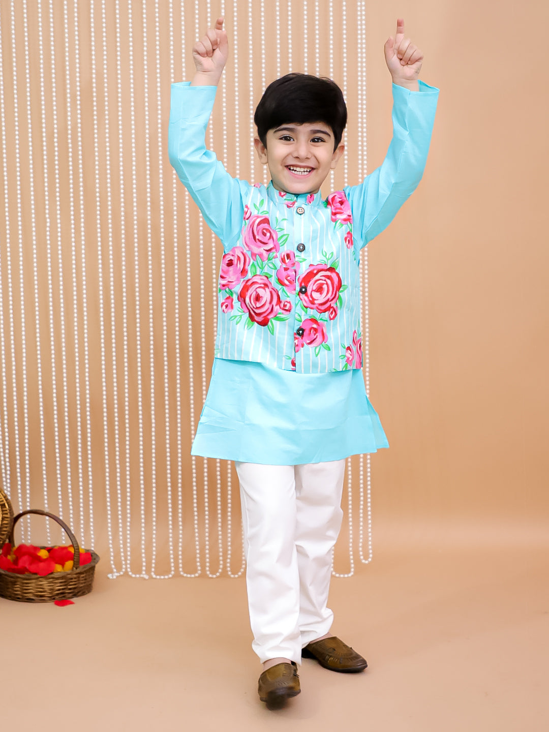 Kid One Floral Print Cotton Kurti Sharara With Dupatta Set With Floral Cotton Kurta And Pajama With Jacket Set Turquoise
