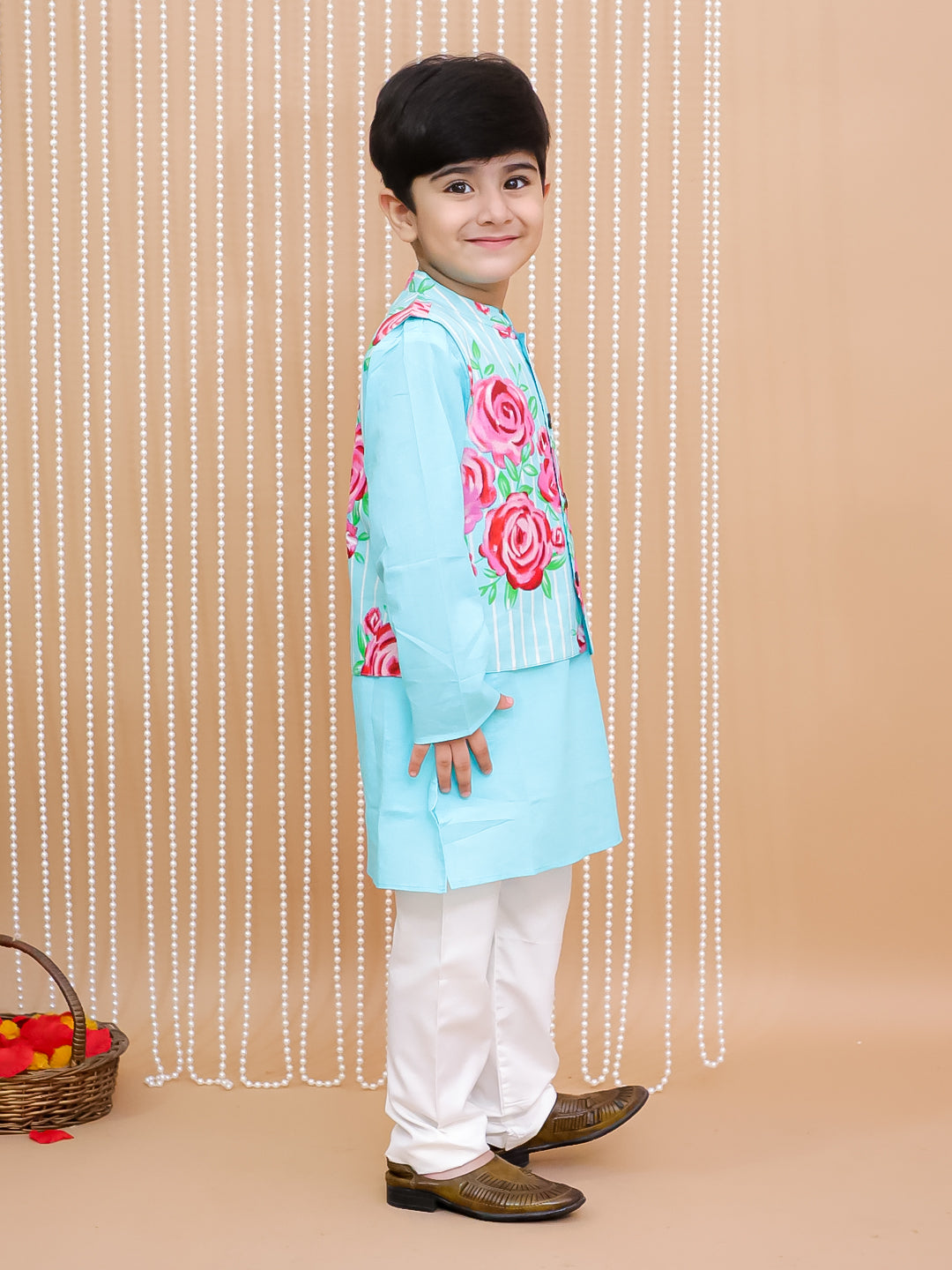 Kid One Floral Cotton Kurta And Pajama With Jacket Set Turquoise