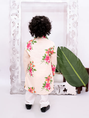Kid One Full Sleeves Floral Printed Cotton Kurta Pyjama Set For Boys Offwhite