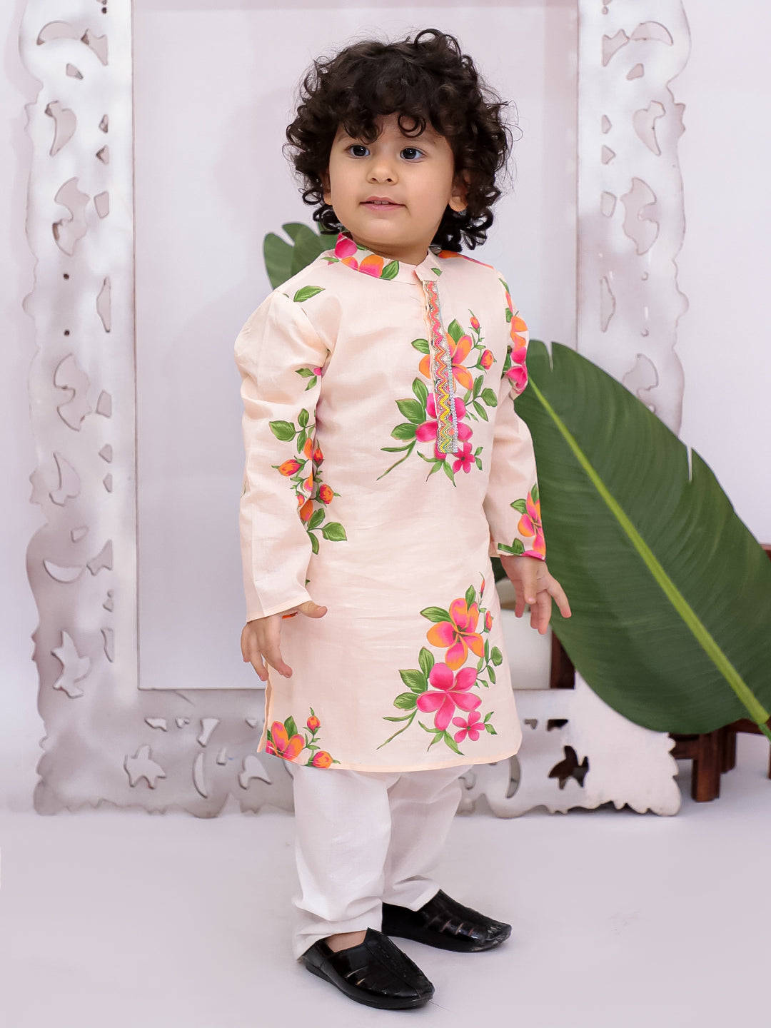 Kid One Full Sleeves Floral Printed Cotton Kurta Pyjama Set For Boys Offwhite