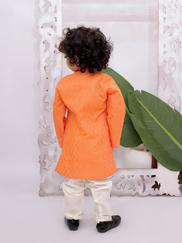 Kid One Full Sleeves Zig Zag Embroidered Cotton Kurta Pyjama Set For Boys Orange