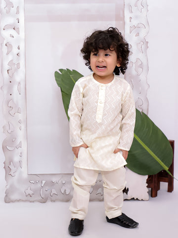 Kid One Full Sleeves Zig Zag Embroidered Cotton Kurta Pyjama Set For Boys Offwhite