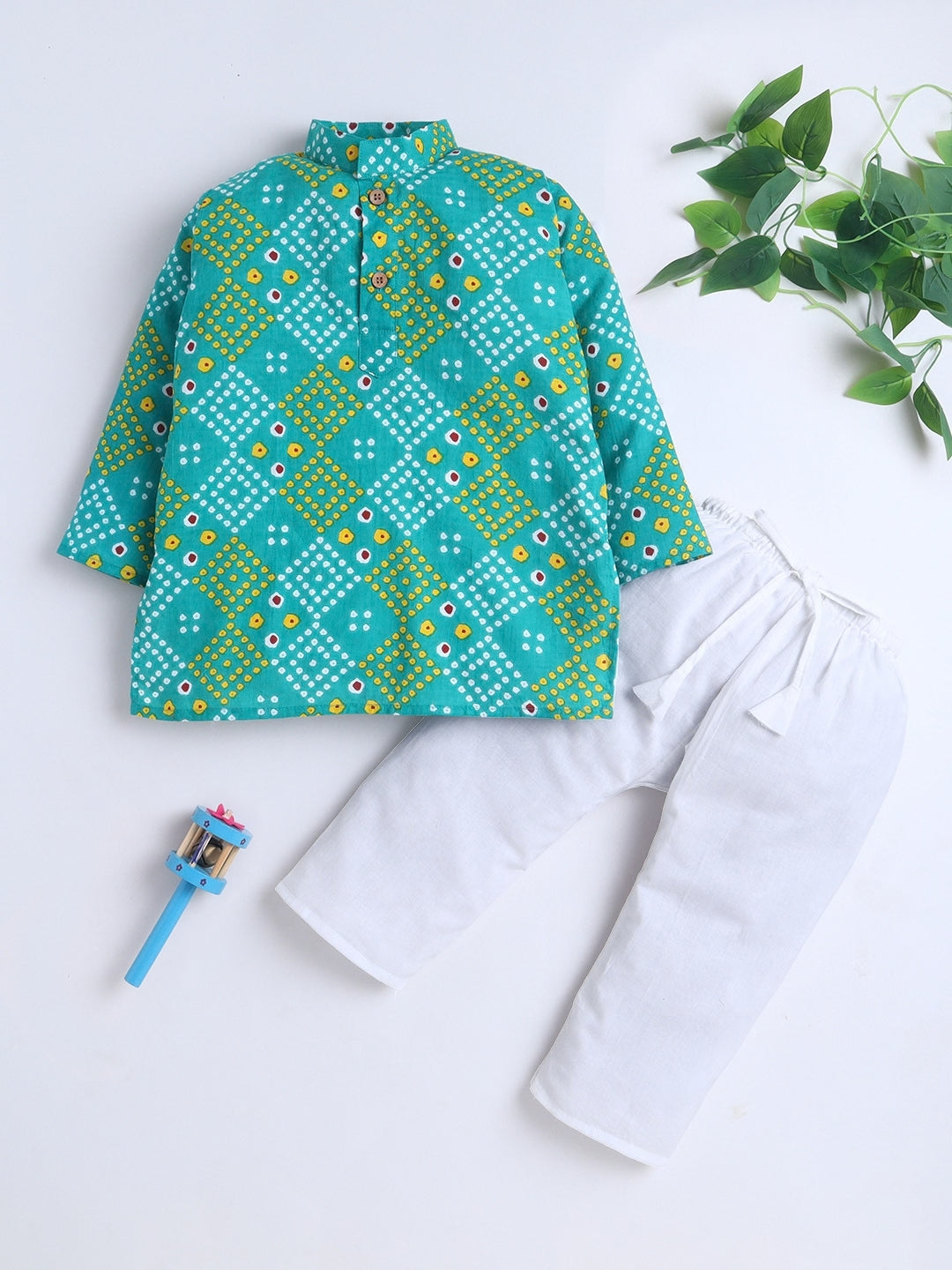 Kid One Infants Bandhej Print Cotton Kurta With Pyjama Set For Boys Green