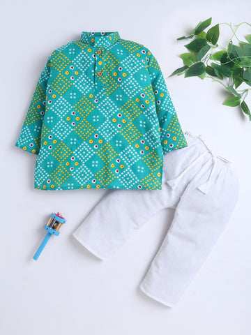 Kid One Infants Bandhej Print Cotton Kurta With Pyjama Set For Boys Green