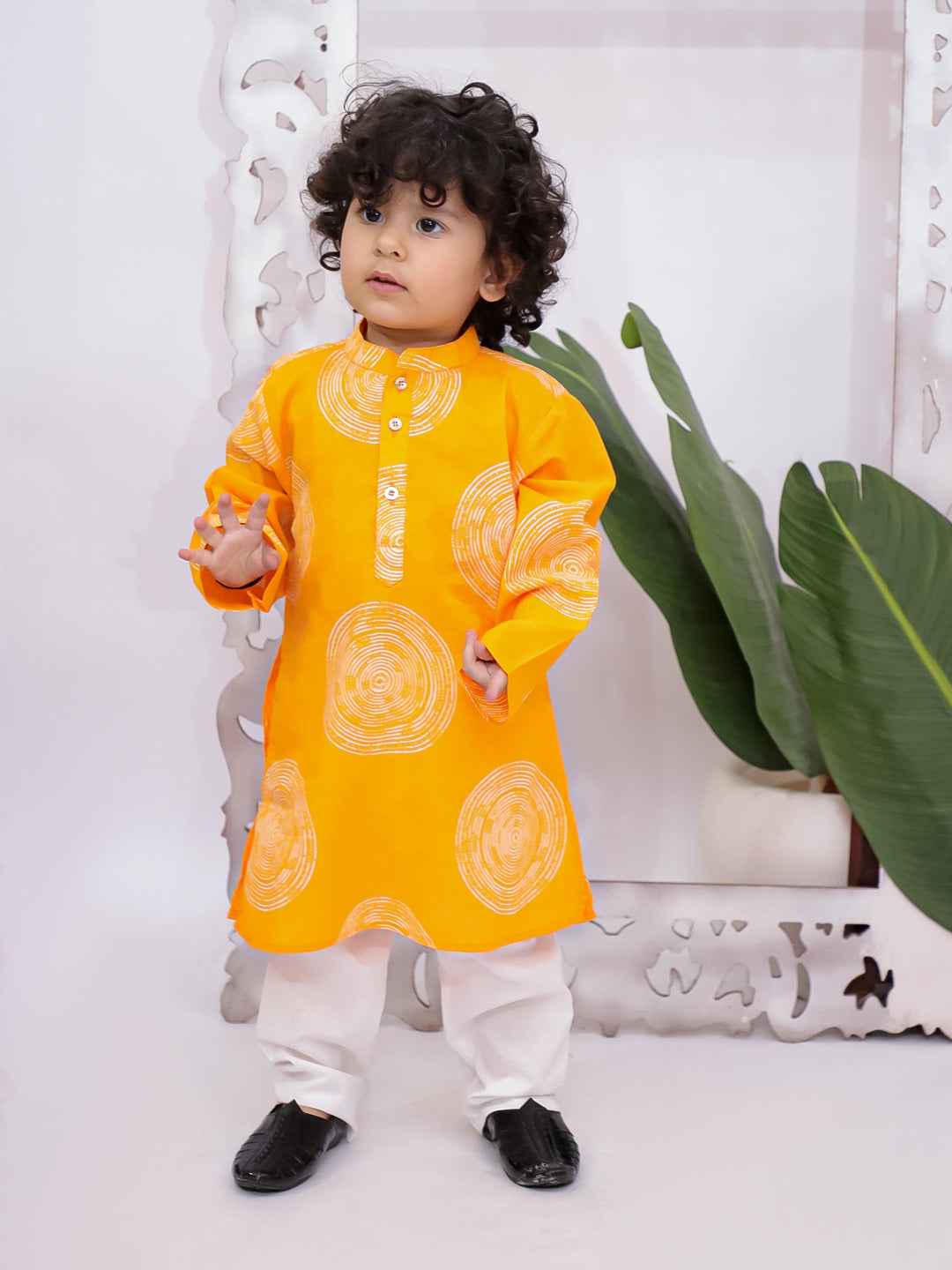 Kid One Full Sleeves Printed Cotton Kurta Pyjama Set For Boys Orange