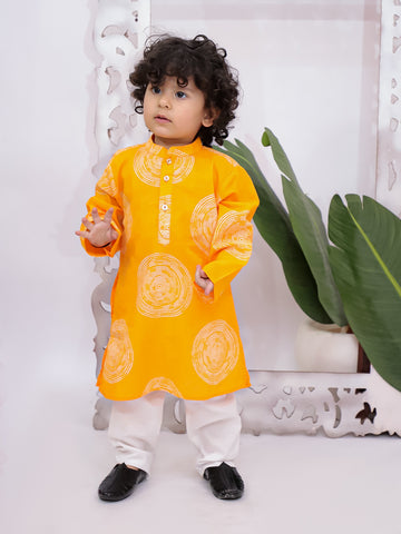 Kid One Full Sleeves Printed Cotton Kurta Pyjama Set For Boys Orange