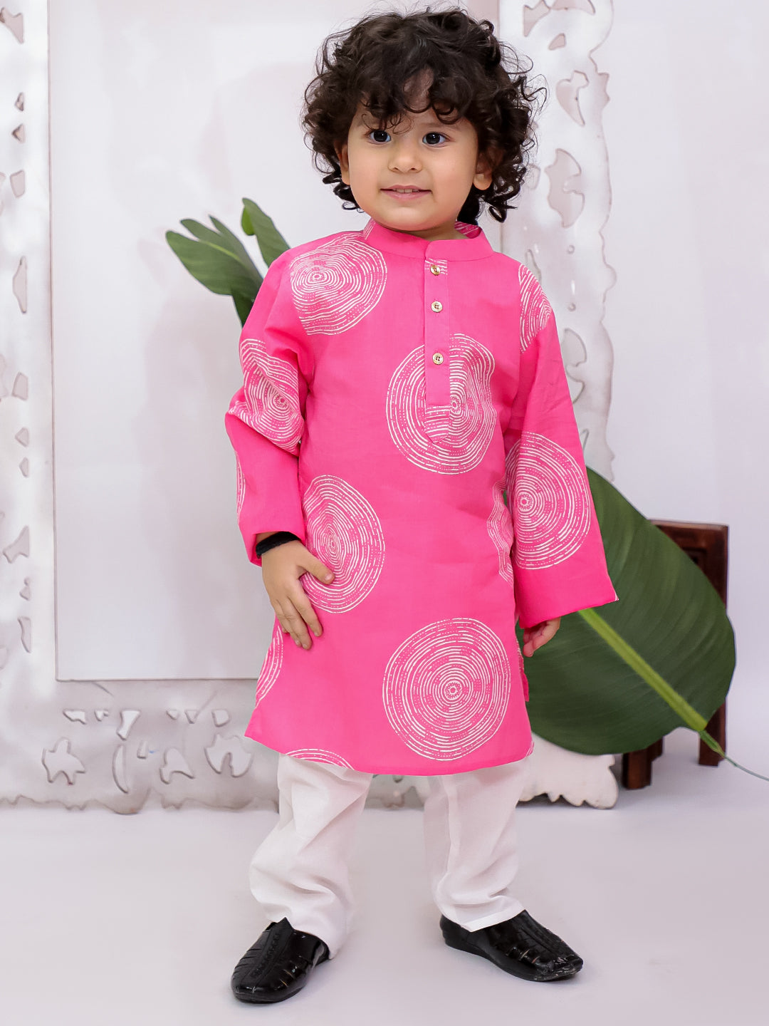 Kid One Full Sleeves Printed Cotton Kurta Pyjama Set For Boys Pink