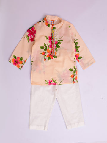 Kid One Infant Full Sleeves Floral Printed Cotton Kurta Pyjama Set For Boys Offwhite
