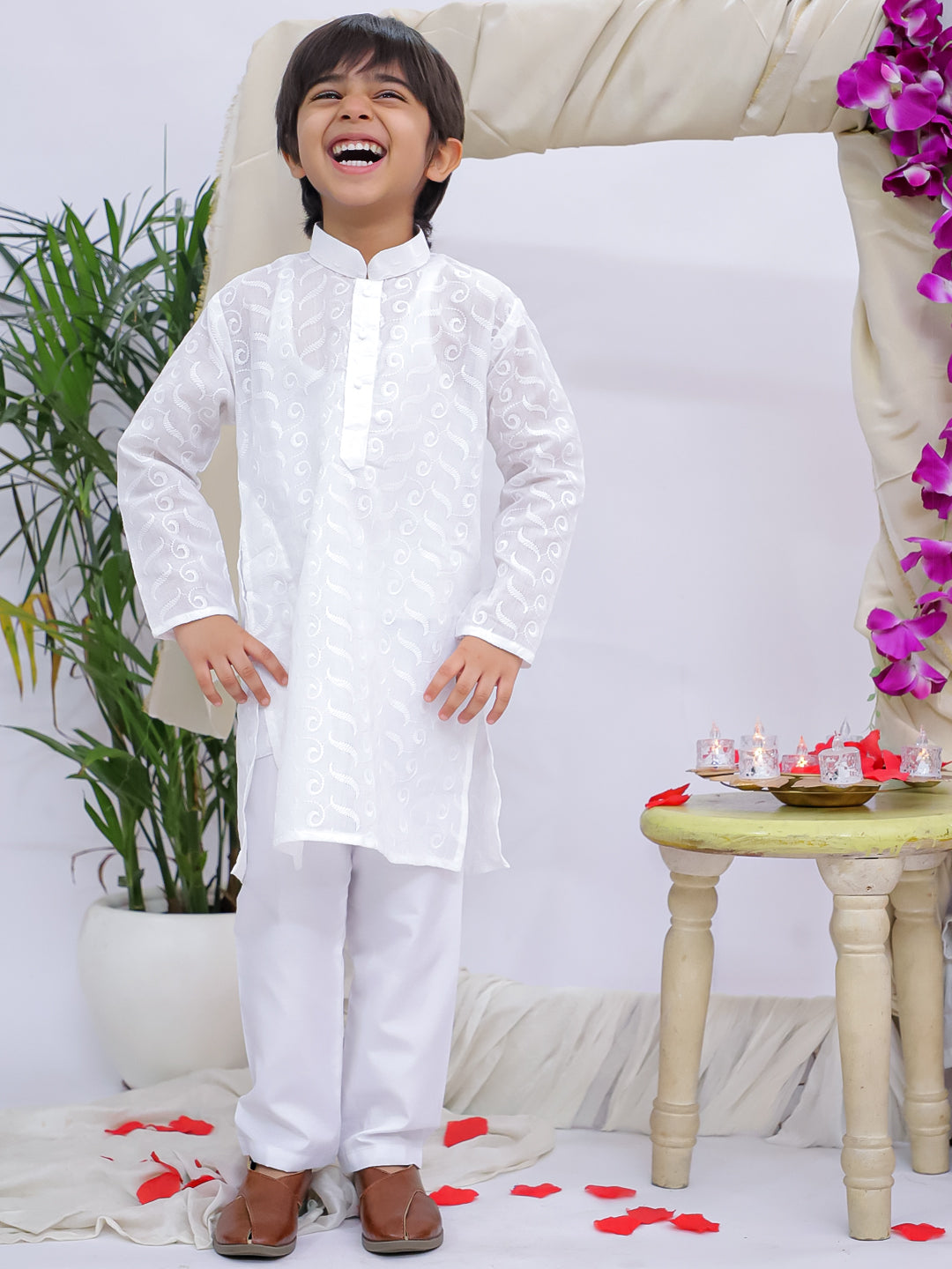 Kid One Pure Cotton Chikankari  Kurta Pajama Set For Boys White