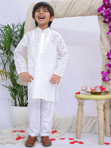 Kid One Pure Cotton Chikankari  Kurta Pajama Set For Boys White