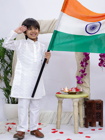 Kid One Pure Cotton Chikankari  Kurta Pajama Set For Boys White