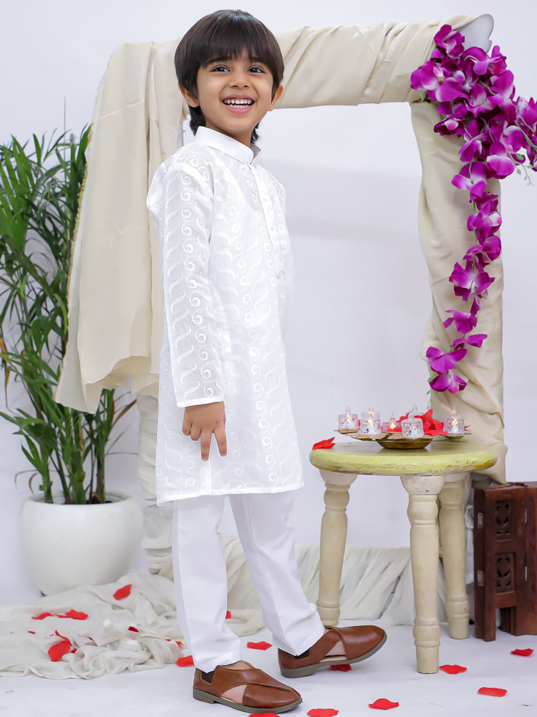 Kid One Pure Cotton Chikankari  Kurta Pajama Set For Boys White