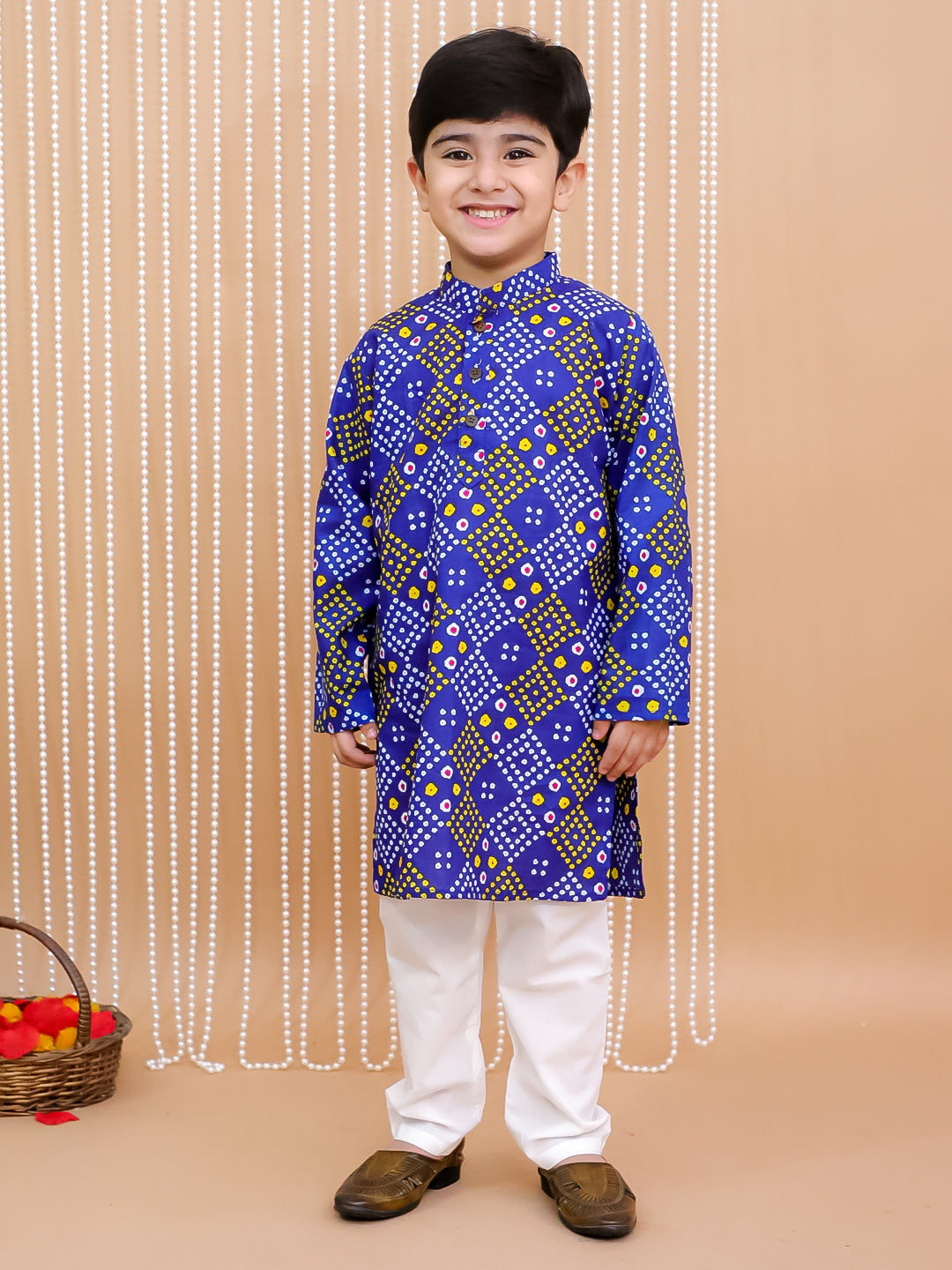 Kid One Bandhej Print Cotton Kurta With Pyjama Set For Boys Blue