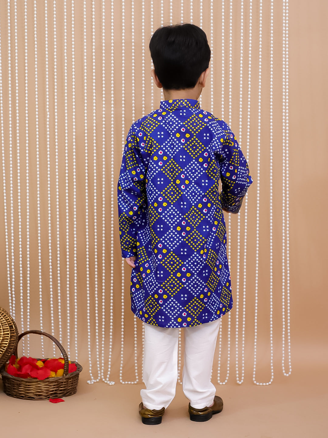 Kid One Bandhej Print Cotton Kurta With Pyjama Set For Boys Blue