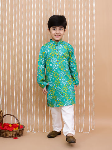 Kid One Bandhej Print Cotton Kurta With Pyjama Set For Boys Green