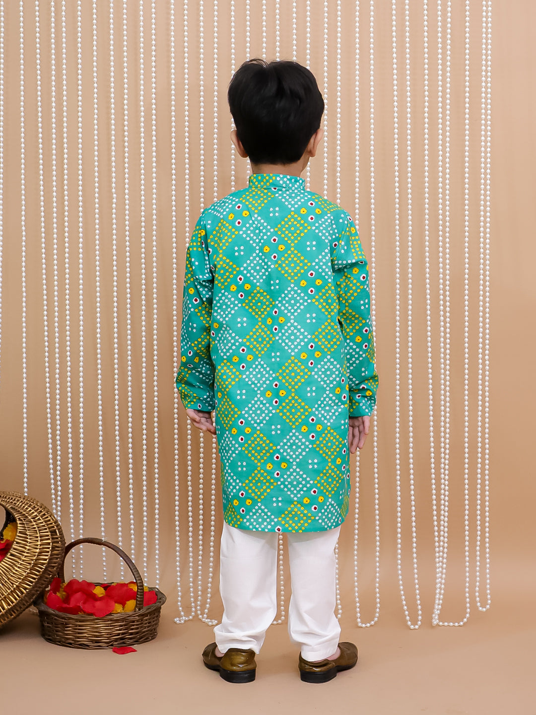 Kid One Bandhej Print Cotton Kurta With Pyjama Set For Boys Green